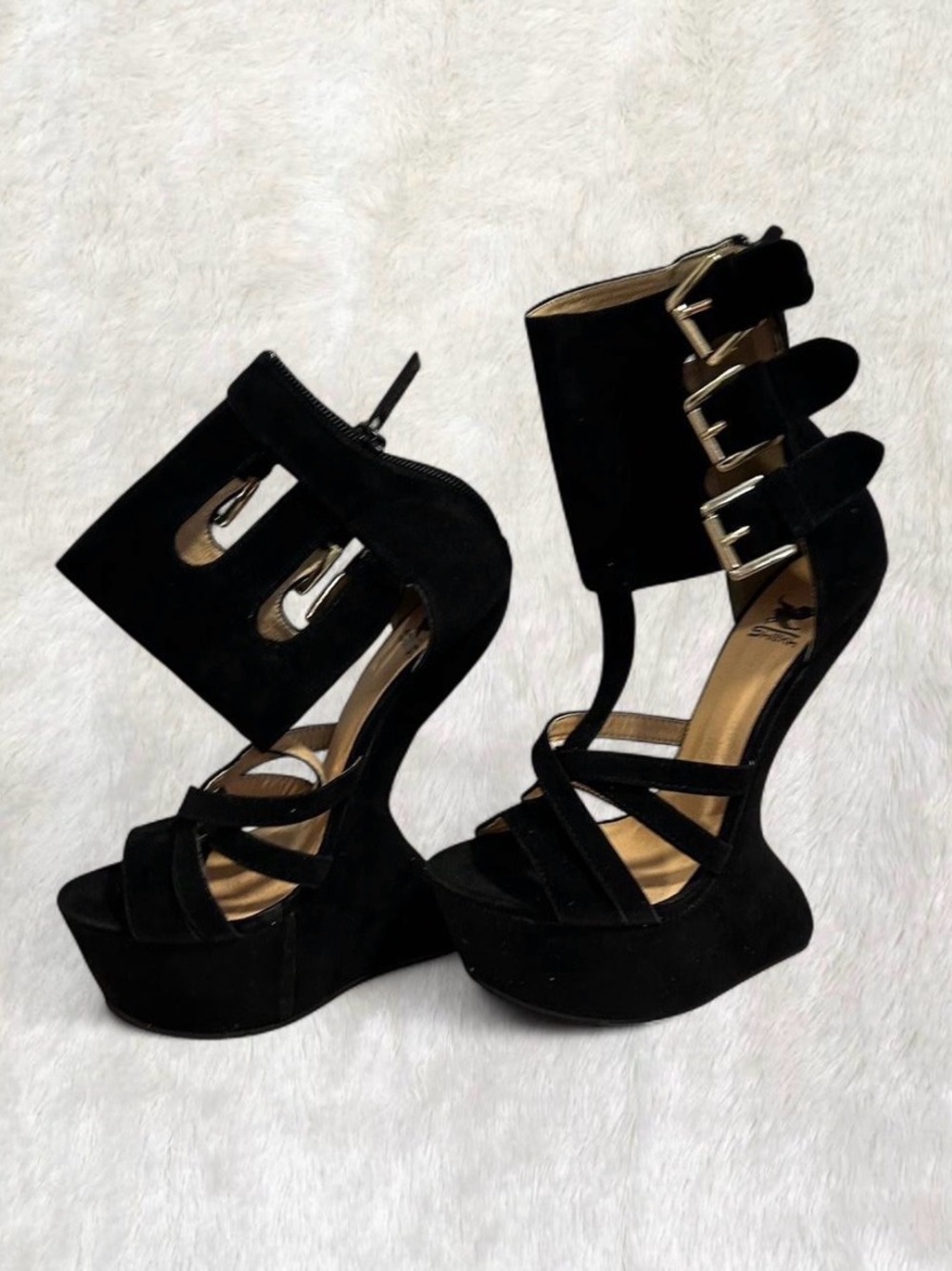 Black Suede Strappy Platform Heels with Buckle Detail